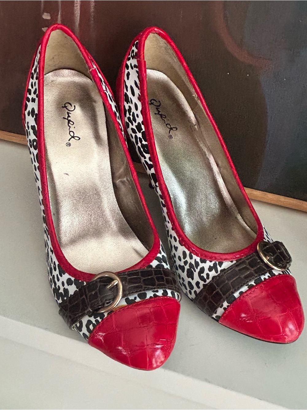 Y2K Qupid Leopard Print Red Croc Stiletto Pumps Heels 8